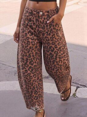 Brown Leopard Print Women's Casual Streetwear Jeans